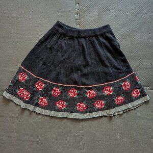 vintage 1970s does 50s knit circle skirt a-line red roses navy s/m rockabilly